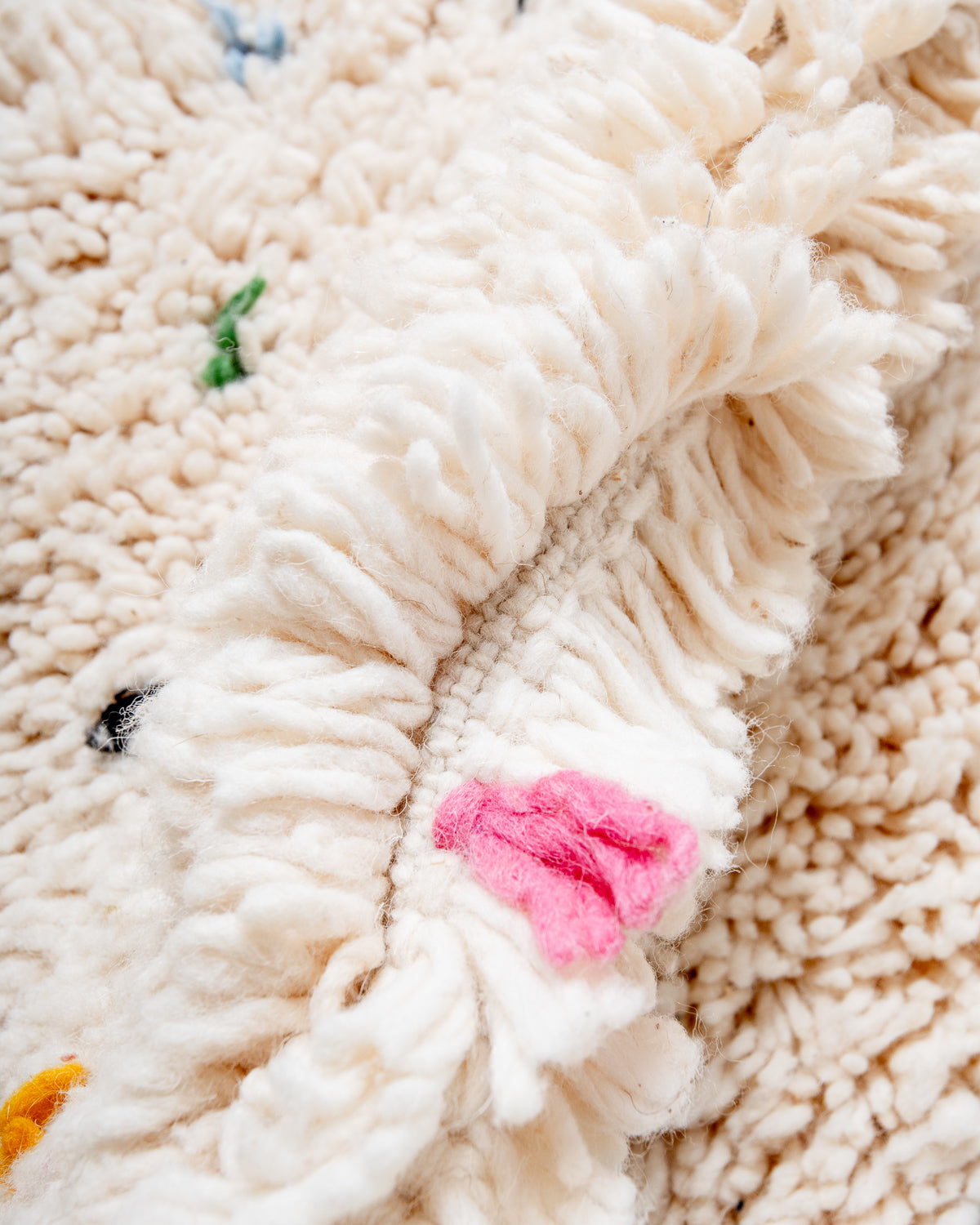 Modern, designer, handcrafted Berber rug from Morocco. Beniourain carpet with beautiful colours and patterns and fluffy wool texture.